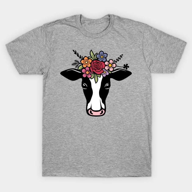 Cow Head With Colorful Flowers T-Shirt by Protshirtdesign